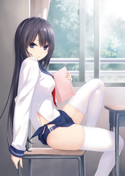 Anime picture 1357x1920 with original shiramine rika coffee-kizoku single long hair tall image looking at viewer fringe breasts light erotic black hair sitting purple eyes holding bent knee (knees) long sleeves parted lips classroom girl thighhighs