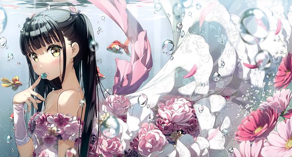 Anime picture 3972x2149 with 5 nenme no houkago kantoku single long hair looking at viewer blush fringe highres black hair wide image twintails bare shoulders yellow eyes payot absurdres blunt bangs scan underwater cropped girl