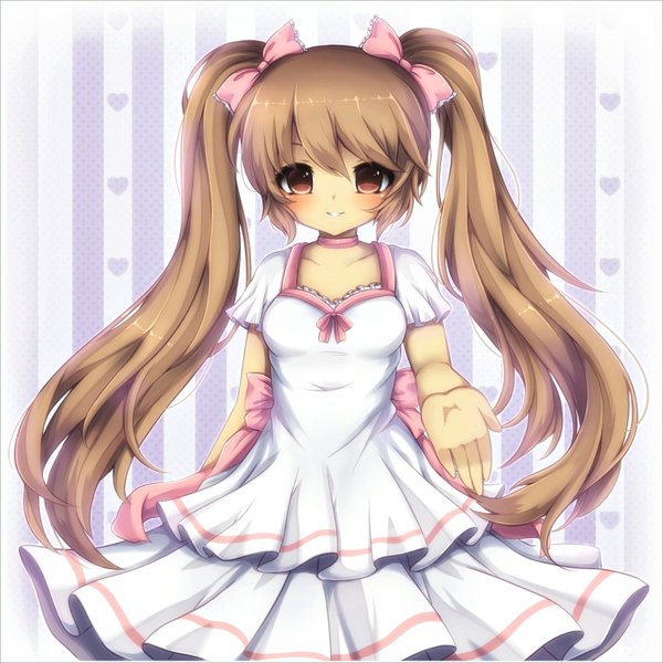 Anime picture 1510x1510 with midna01 single long hair looking at viewer blush fringe simple background smile brown hair standing twintails brown eyes short sleeves outstretched arm girl dress bow hair bow white dress