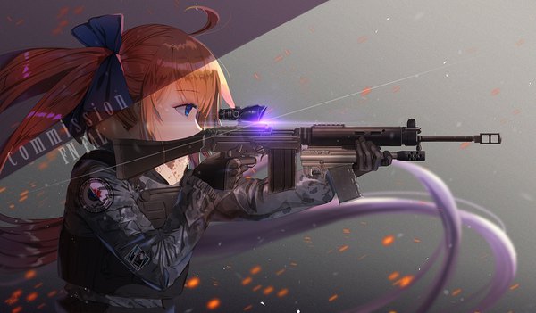 Anime picture 1366x800 with girls frontline rainbow six siege fal (girls frontline) kyoungi nyang single fringe blue eyes wide image holding looking away upper body ahoge very long hair profile orange hair grey background character names floating hair side ponytail gradient hair