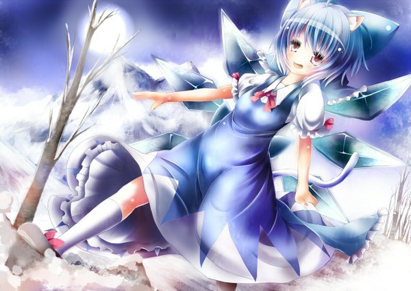 Anime picture 1414x1000 with touhou cirno umagenzin single short hair open mouth red eyes animal ears blue hair tail mountain girl dress wings socks white socks