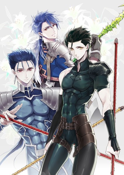 Anime picture 1500x2120 with fate (series) fate/stay night fate/zero fate/prototype studio deen type-moon cu chulainn (fate) diarmuid ua duibhne (lancer) (fate) cu chulainn (fate/stay night) cu chulainn (fate/prototype) anz (starry) long hair tall image looking at viewer short hair black hair red eyes yellow eyes blue hair ahoge
