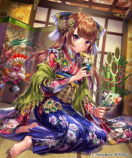 Anime picture 833x1000 with sengoku saga esphy single long hair tall image looking at viewer blush red eyes brown hair sitting holding full body indoors traditional clothes japanese clothes barefoot wide sleeves dutch angle floral print serious