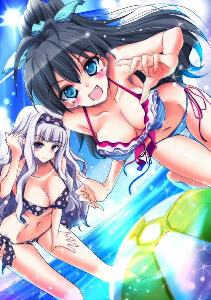 Anime picture 704x1000 with idolmaster ganaha hibiki shijou takane natsu (anta tte hitoha) long hair tall image looking at viewer blush open mouth blue eyes light erotic black hair purple eyes multiple girls sky cloud (clouds) white hair ponytail sunlight teeth