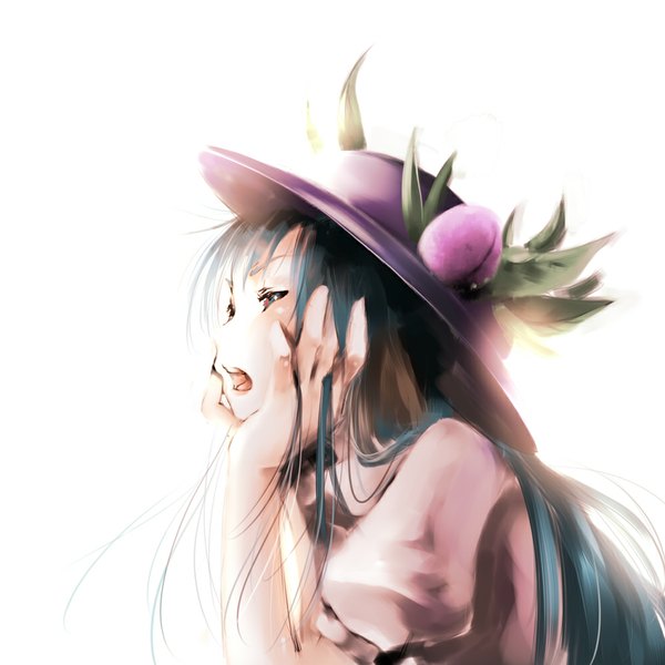 Anime picture 1000x1000 with touhou hinanawi tenshi yae (mono110) single long hair open mouth blue eyes simple background white background blue hair puffy sleeves backlighting hands on face girl hat leaf (leaves) fruit peach