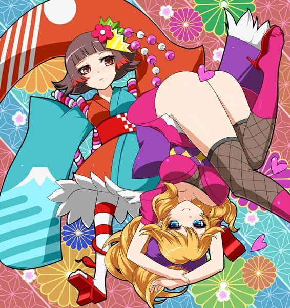 Anime picture 942x1000 with pop'n music ayame (pop'n music) kanoko (pop'n music) long hair tall image short hair breasts blue eyes light erotic blonde hair brown hair multiple girls brown eyes traditional clothes japanese clothes arms up kikumon girl thighhighs hair ornament