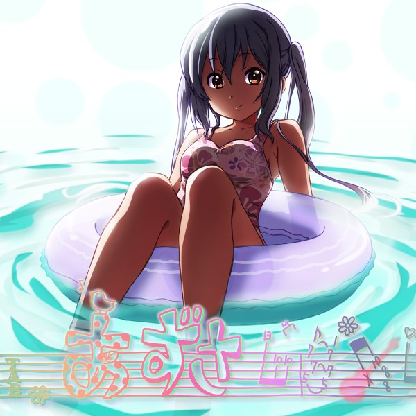 Anime picture 1200x1200 with k-on! kyoto animation nakano azusa yume robo (artist) long hair black hair smile red eyes twintails afloat girl swimsuit water swim ring