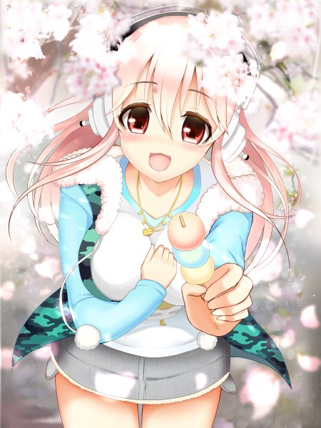 Anime picture 900x1200 with nitroplus super sonico razuchi long hair tall image looking at viewer blush open mouth smile pink hair pink eyes open clothes open jacket girl plant (plants) petals tree (trees) jacket headphones star (symbol)