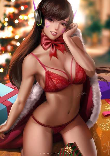 Anime picture 764x1080 with overwatch blizzard entertainment d.va (overwatch) zumi (zumidraws) single long hair tall image looking at viewer fringe breasts light erotic smile brown hair brown eyes signed cleavage blunt bangs head tilt blurry realistic