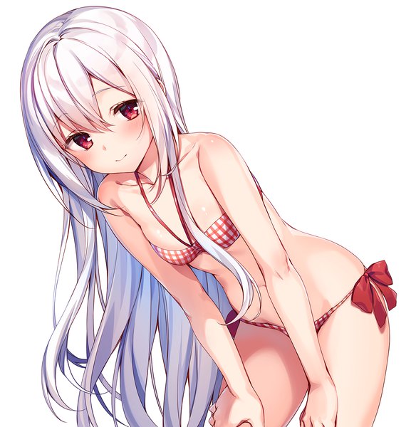 Anime picture 1637x1702 with original komeshiro kasu single long hair tall image looking at viewer blush fringe breasts light erotic simple background hair between eyes red eyes standing white background bare shoulders payot white hair light smile leaning