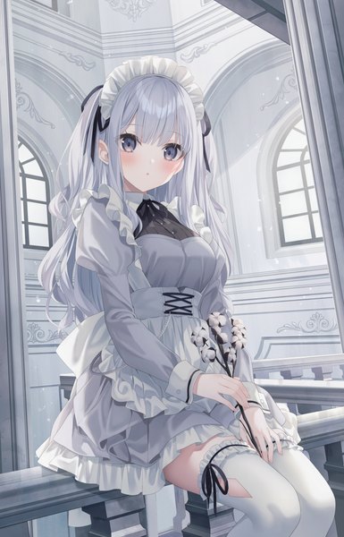 Anime picture 1616x2516 with original jimmy madomagi single long hair tall image looking at viewer blush fringe open mouth sitting silver hair blunt bangs long sleeves black eyes maid two side up puffy sleeves frilled dress girl thighhighs