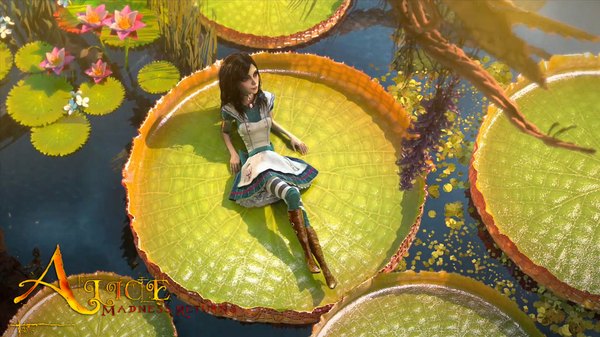 Anime picture 1920x1080 with american mcgee's alice (game) alice: madness returns alice (american mcgee's) single long hair highres black hair wide image green eyes 3d girl dress boots water lily