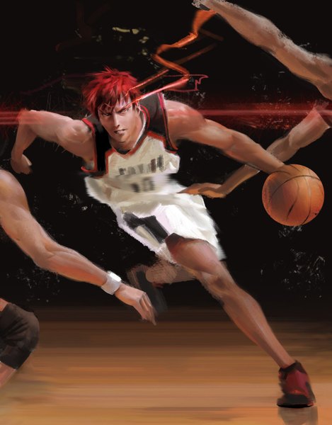 Anime picture 1204x1540 with kuroko no basket production i.g kagami taiga tuoyaner single tall image short hair red eyes bare shoulders looking away red hair realistic glowing glowing eye (eyes) running basketball boy uniform gym uniform ball