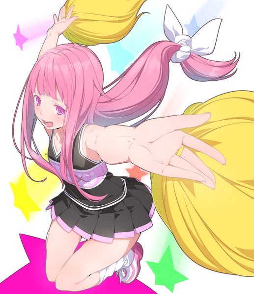 Anime picture 900x1044 with original ama mitsuki single long hair tall image looking at viewer blush open mouth pink hair pink eyes cheerleader girl skirt bow hair bow star (symbol)