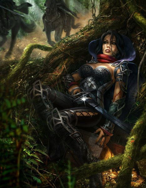 Anime picture 1000x1284 with original bogdanmrk (artist) tall image short hair black hair looking away lying nail polish lips black eyes lacing riding girl weapon plant (plants) earrings animal sword tree (trees) scarf