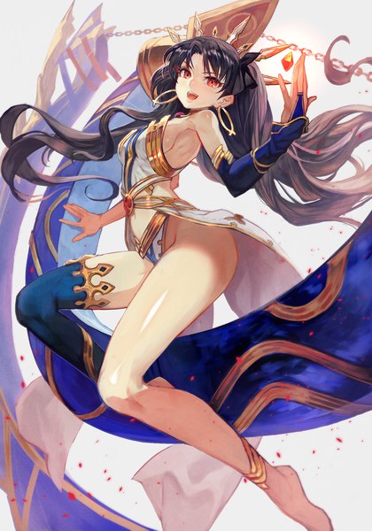 Anime picture 1051x1500 with fate (series) fate/grand order ishtar (fate) lack single long hair tall image looking at viewer light erotic black hair smile red eyes bare legs two side up legs sideboob groin jumping asymmetrical legwear girl