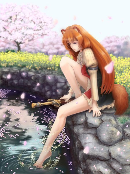 Anime picture 1536x2048 with tate no yuusha no nariagari kinema citrus raphtalia user zduh7473 single long hair tall image fringe brown hair sitting animal ears sky full body bent knee (knees) outdoors tail eyes closed animal tail barefoot arm support