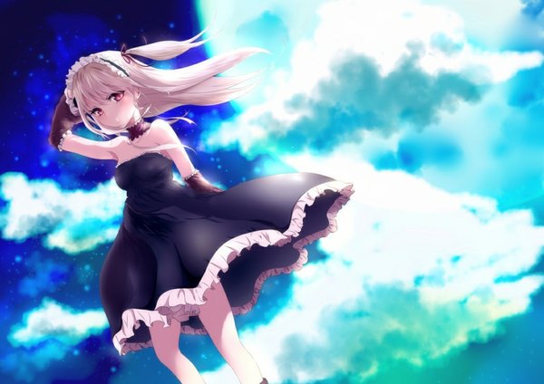 Anime picture 1048x741 with original conone single long hair looking at viewer blonde hair red eyes bare shoulders cloud (clouds) ponytail wind side ponytail girl dress ribbon (ribbons) hair ribbon detached sleeves headdress moon full moon