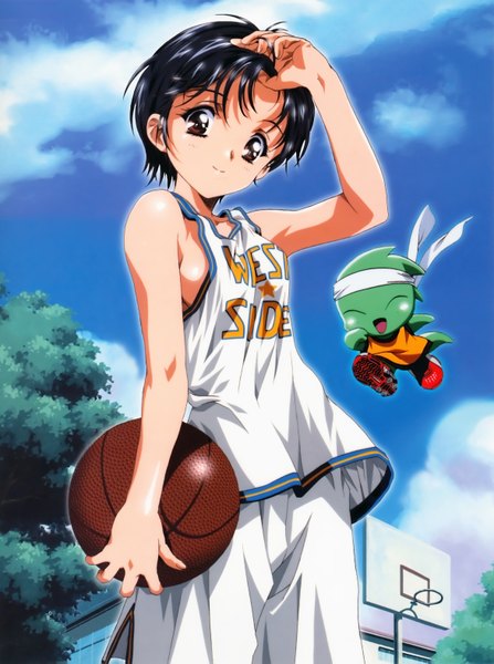 Anime picture 4693x6290 with kawarajima kou single tall image looking at viewer highres short hair brown hair brown eyes absurdres sky cloud (clouds) scan clothes writing girl uniform gym uniform ball basketball ball basketball uniform