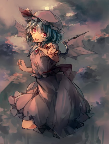Anime picture 982x1300 with touhou remilia scarlet asuna (i luv) single tall image looking at viewer short hair open mouth red eyes blue hair nail polish girl dress wings bonnet