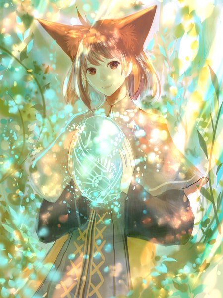 Anime picture 1200x1600 with original bounin single tall image looking at viewer short hair brown hair holding brown eyes animal ears upper body long sleeves light smile sunlight wide sleeves girl plant (plants) mantle robe