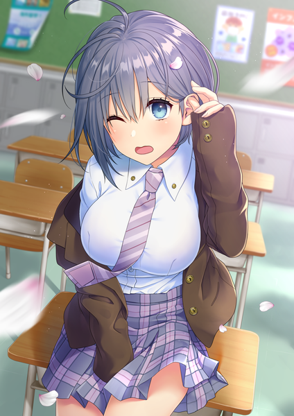 Anime picture 1000x1414 with original daidai jamu single tall image looking at viewer blush fringe short hair breasts open mouth blue eyes hair between eyes large breasts sitting ahoge head tilt one eye closed wind grey hair off shoulder