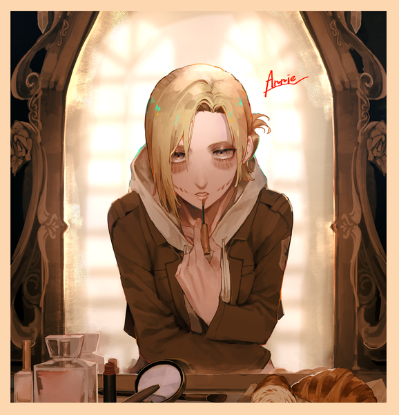 Anime picture 2600x2700 with shingeki no kyojin production i.g annie leonhart meguo (guyutyankani) single tall image looking at viewer highres short hair blonde hair upper body character names border reflection makeup girl food mirror lipstick tube perfume