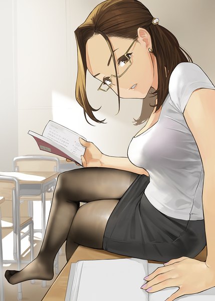 Anime picture 858x1200 with miru tights okuzumi yuiko yomu (sgt epper) single long hair tall image looking at viewer breasts brown hair large breasts sitting holding brown eyes payot full body bent knee (knees) indoors nail polish parted lips head tilt