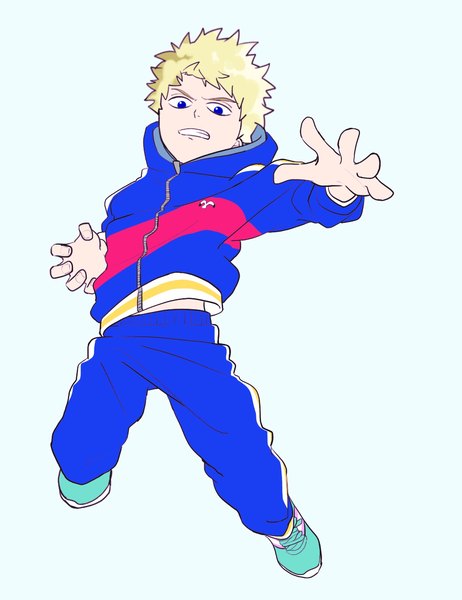 Anime picture 1000x1300 with mob psycho 100 studio bones hanazawa teruki tsukime (moon servant) single tall image looking at viewer short hair blue eyes simple background blonde hair blue background jumping clenched teeth boy