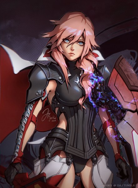 Anime picture 649x880 with final fantasy xiii lightning farron jurikoi single long hair tall image blue eyes light erotic standing pink hair inscription looking up spiked hair girl gloves armor