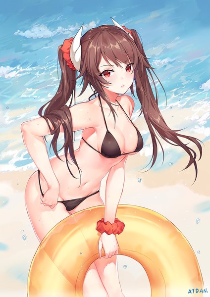 Anime picture 1017x1439 with azur lane haruna (azur lane) atdan single long hair tall image looking at viewer blush fringe breasts light erotic red eyes brown hair standing twintails bare shoulders holding signed payot outdoors