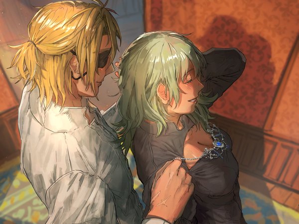 Anime picture 2048x1535 with fire emblem fire emblem: three houses nintendo byleth (fire emblem) dimitri alexandre blaiddyd byleth (female) (fire emblem) enlightened byleth (female) yukipolaris long hair blush fringe highres short hair blonde hair smile hair between eyes standing cleavage indoors eyes closed