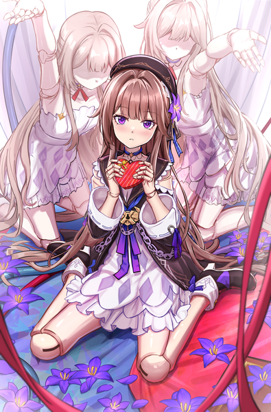 Anime picture 2894x4400 with honkai: star rail honkai (series) herta (honkai: star rail) nonoa-cg single long hair tall image looking at viewer blush highres brown hair sitting purple eyes hair flower from above wariza valentine doll joints girl flower (flowers)