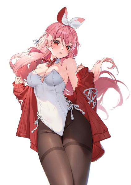 Anime picture 1920x2716 with virtual youtuber atelier live pinku (vtuber) rosuuri single long hair tall image looking at viewer blush fringe highres breasts light erotic simple background hair between eyes red eyes standing white background pink hair braid (braids)