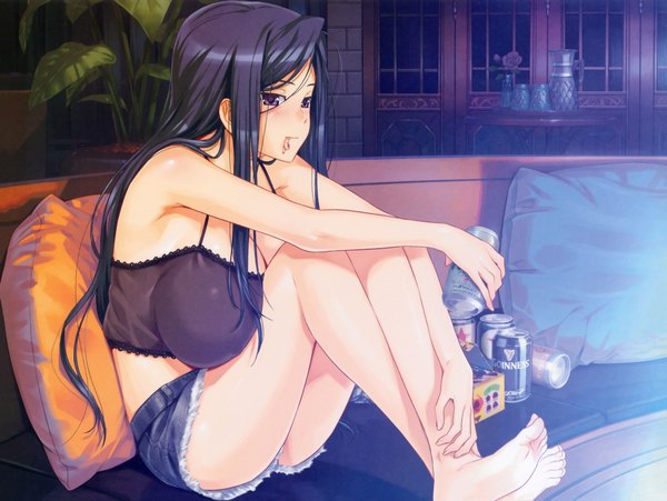 Anime picture 4703x3540 with classy cranberry's kyouka oze happoubi jin single long hair looking at viewer blush highres breasts light erotic smile large breasts sitting purple eyes bare shoulders holding absurdres cleavage purple hair barefoot