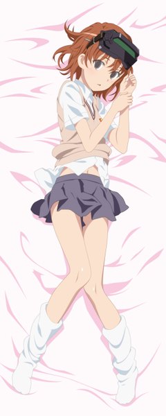 Anime picture 560x1400 with to aru majutsu no index j.c. staff misaka imouto smile (rz) single tall image looking at viewer short hair brown hair grey eyes dakimakura (medium) girl skirt uniform school uniform socks gaiters