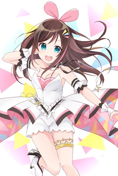 Anime picture 1378x2039 with virtual youtuber a.i. channel kizuna ai kizuna ai (anniversary) ririka (ab-yuri) single long hair tall image looking at viewer blush fringe breasts open mouth blue eyes simple background smile brown hair standing bare shoulders cleavage
