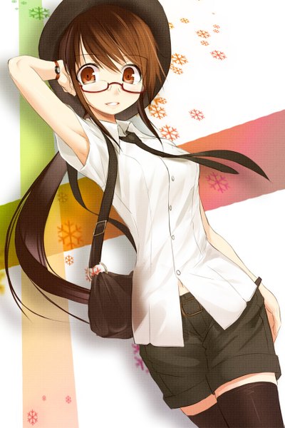 Anime picture 853x1280 with original kakaon single long hair tall image looking at viewer fringe brown hair standing brown eyes girl thighhighs navel black thighhighs hat shirt glasses necktie shorts belt