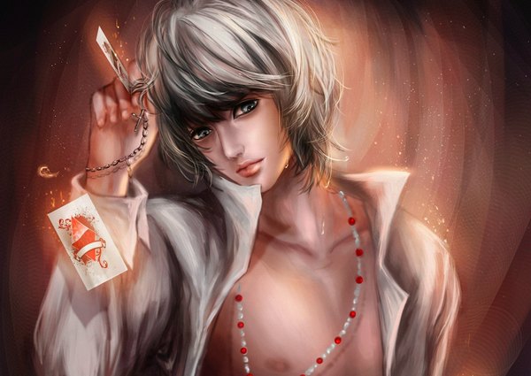 Anime-Bild 1920x1363 mit death note madhouse near rikamello single looking at viewer fringe highres short hair blue eyes silver hair nipples lips realistic open clothes open shirt naked shirt boy choker cross