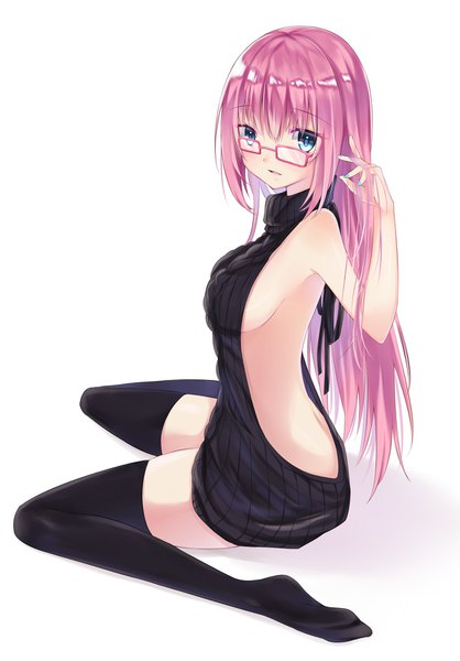 Anime picture 1200x1721 with vocaloid megurine luka hanaba yuzuki single long hair tall image fringe breasts blue eyes light erotic sitting pink hair nail polish arm up no bra no shoes zettai ryouiki sleeveless wariza bare back