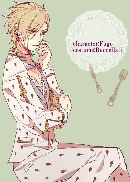 Anime picture 610x852 with jojo no kimyou na bouken pannacotta fugo shijima tohiro single tall image fringe short hair blonde hair simple background sitting looking away hair over one eye grey eyes character names cosplay hand to mouth green background bruno buccellati (cosplay) boy earrings