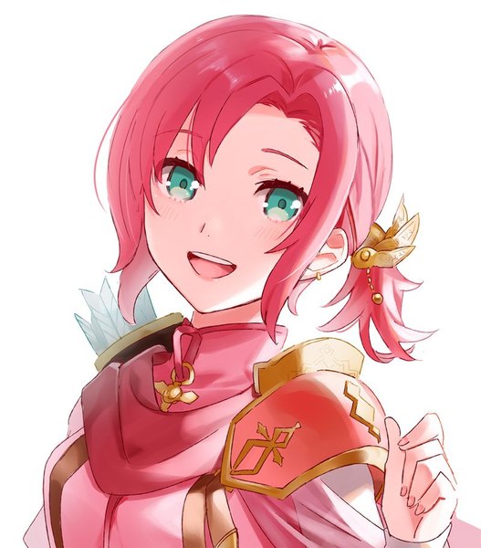 Anime picture 800x910 with fire emblem fire emblem heroes fire emblem: mystery of the emblem nintendo norne (fire emblem) menoko single tall image looking at viewer blush short hair open mouth simple background white background pink hair ponytail aqua eyes portrait girl hair ornament