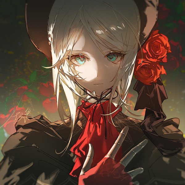 Anime-Bild 1200x1200 mit bloodborne from software plain doll satsuya single looking at viewer short hair silver hair upper body aqua eyes shaded face expressionless doll joints girl flower (flowers) hat rose (roses) red rose neckerchief