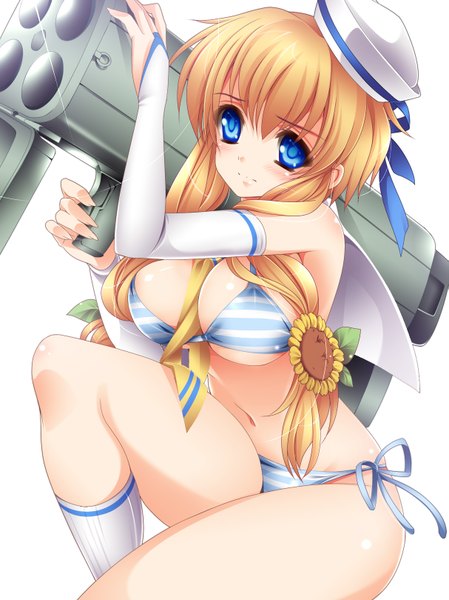 Anime picture 1213x1620 with original moneti (daifuku) single long hair tall image breasts blue eyes light erotic simple background blonde hair large breasts white background girl weapon gun beret