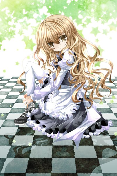 Anime picture 700x1050 with touhou kirisame marisa nanase nao single long hair tall image looking at viewer blonde hair brown eyes checkered floor girl thighhighs dress white thighhighs