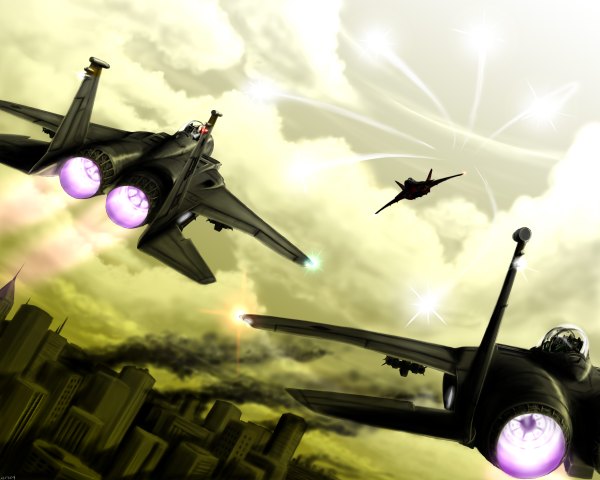 Anime picture 2400x1920 with ace combat zephyr164 highres sky city scenic battle aircraft airplane jet f-15