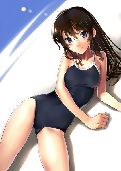 Anime picture 637x900 with original katahira masashi single long hair tall image looking at viewer breasts blue eyes light erotic smile brown hair bare shoulders lying on side girl swimsuit one-piece swimsuit black swimsuit