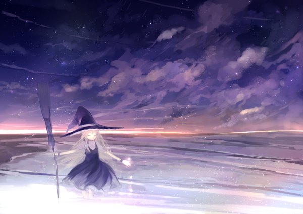 Anime picture 1280x907 with touhou kirisame marisa ume (plumblossom) long hair blonde hair sky eyes closed night spread arms landscape scenic witch girl dress hat star (stars) witch hat broom