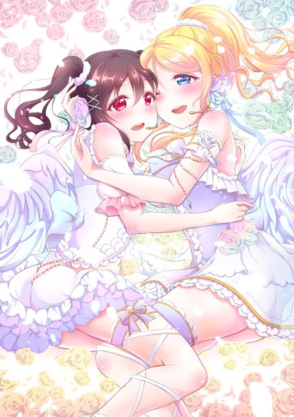 Anime picture 990x1400 with love live! school idol project sunrise (studio) love live! yazawa nico ayase eli pipette (artist) long hair tall image blush open mouth blue eyes black hair blonde hair smile red eyes twintails bare shoulders ponytail one eye closed wink