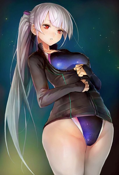 Anime picture 1159x1700 with original tsuru-chan taishi (picchiridou) single tall image looking at viewer blush fringe breasts light erotic red eyes standing white hair ponytail long sleeves very long hair parted lips night from below thighs